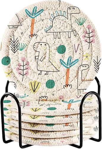 Drink Coasters Set Set of 6 with Holder Office Coasters for Drinks Coasters for Office Porta Vasos para Mesas Cute Dinosaurs