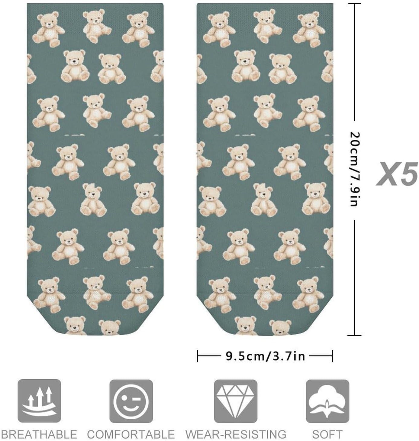 Teddy Bears Funny 5 Pairs Low Cut Ankle Socks Casual Liner Sock No Show Invisible Socks for Men Women