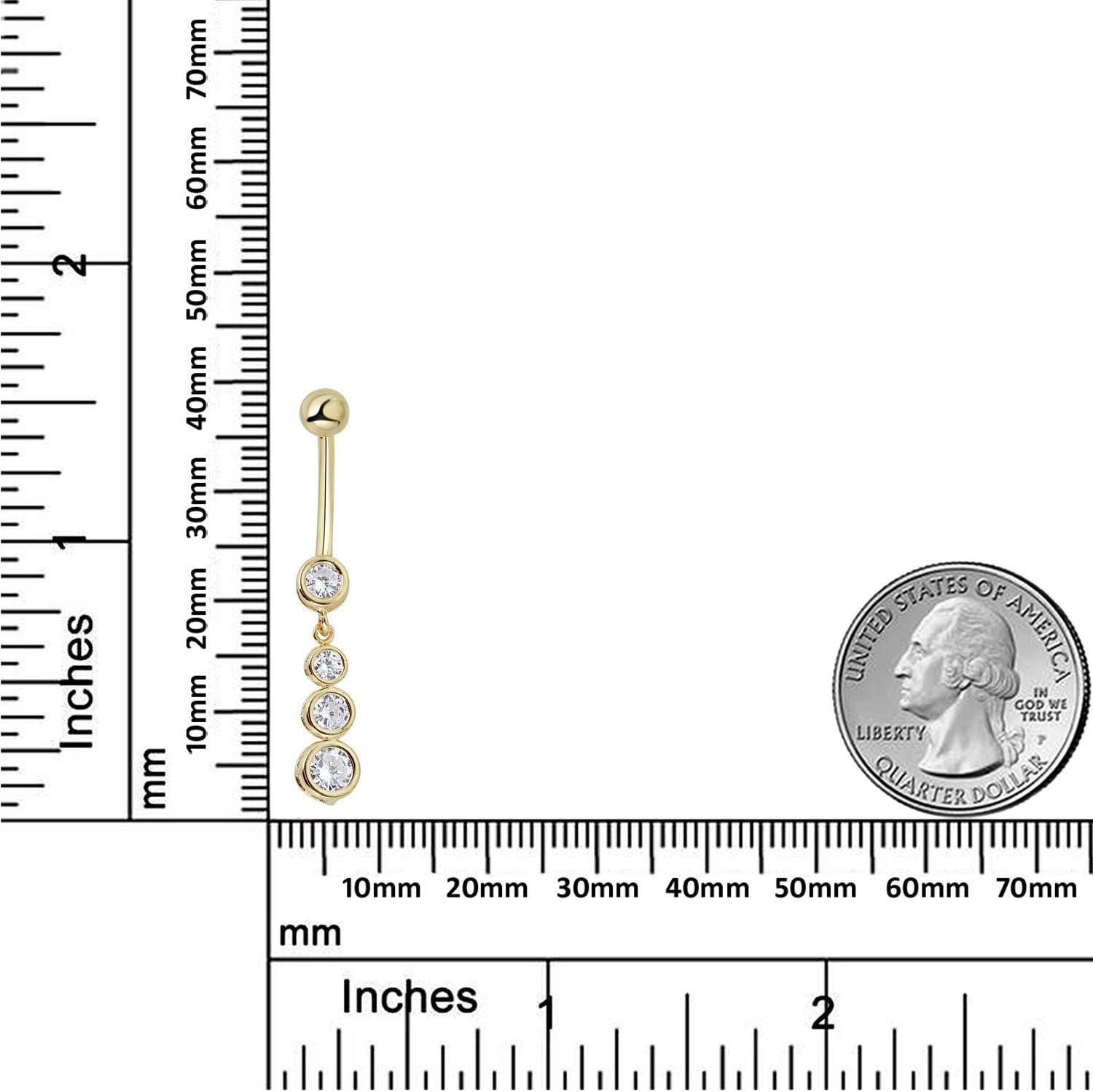 AVORA 10K Gold Simulated Diamond CZ Top Down Linear Dangling Belly Button Ring Body Jewelry (14 Gauge)