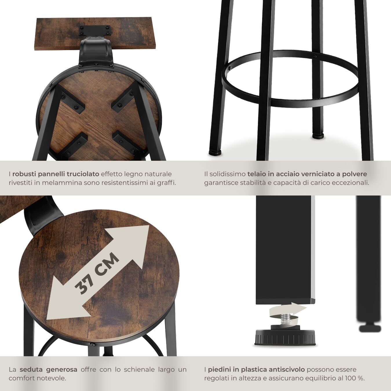 tectake® Set 2 Sgabelli da Bar, Altezza Regolabile, Schienali Grandi, Struttura in Acciaio, Seduta in Legno, Comodi, per Isola Cucinae bancone bar, Capacità 120kg - Legno Industriale Scuro