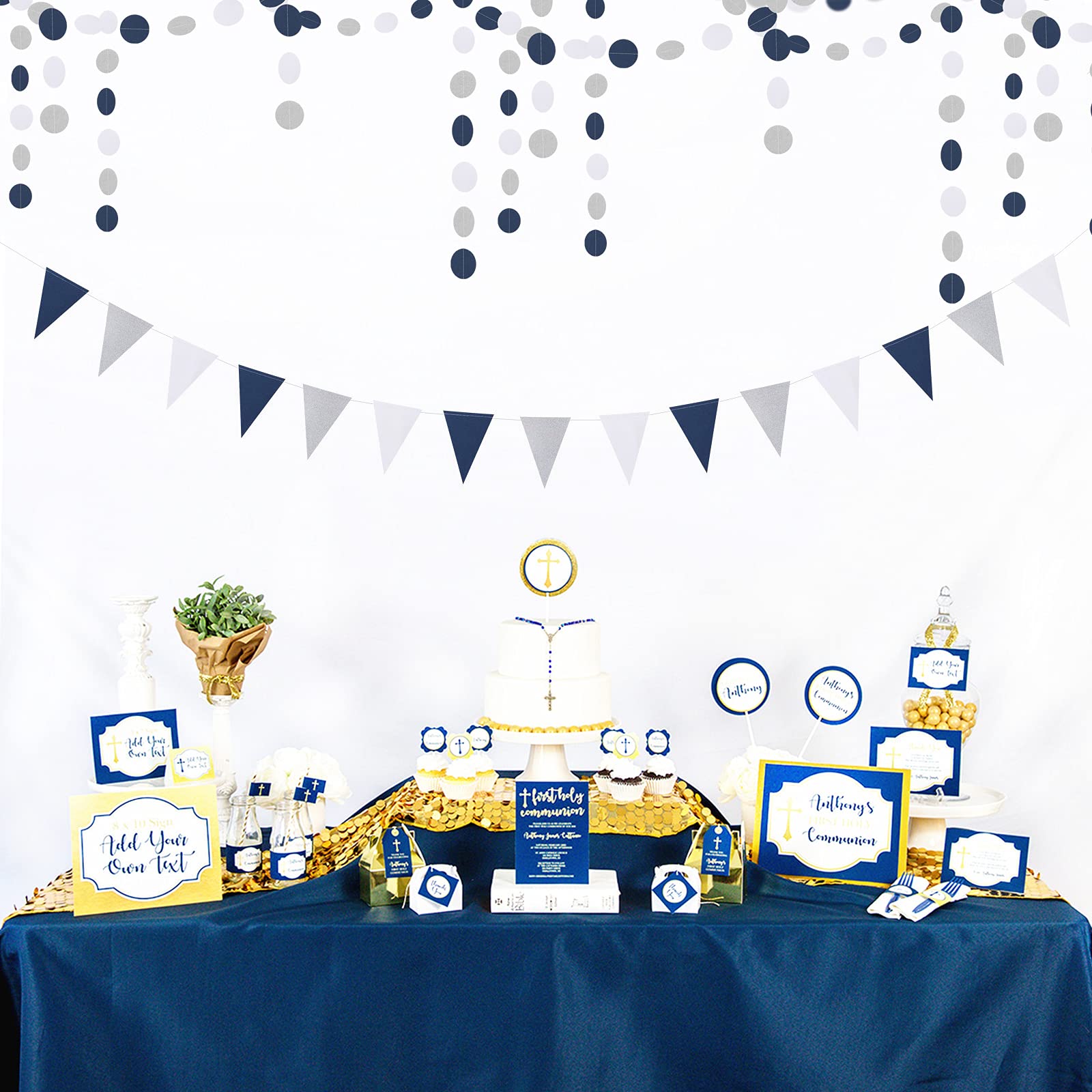 Banderas de banderines de plata azul marino, color blanco, 2 unidades, con purpurina para cumpleaños, graduación de cumpleaños 2021, día del padre, boda, fiesta de baby shower, decoración de fiesta