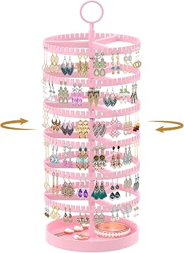 MODOWEY 6 Tier Rotating Earring Holder Organizer Display Tree with Metal Tray, Adjustable Plastic Stand with 342 Slots for Stud Hoop Hanger, Large Capacity Storage Rack for Women, Pink