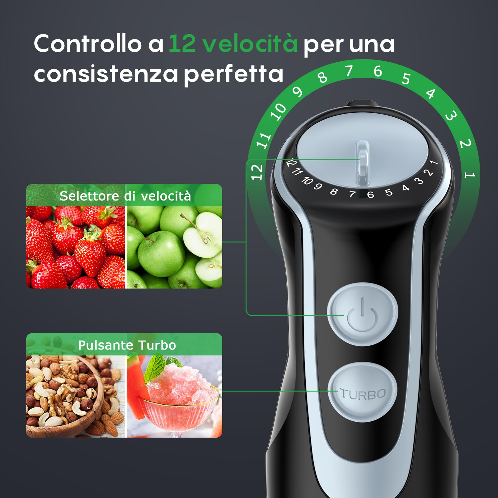 FRESKO Frullatore a Immersione 4-in-1, 1000 W Minipimer Immersione in 304 Acciaio Inossidabile, con 12 Velocità e Modalità Turbo, Antispruzzo Design, Include Misurino, Tritatutto e Frusta (HB3302)