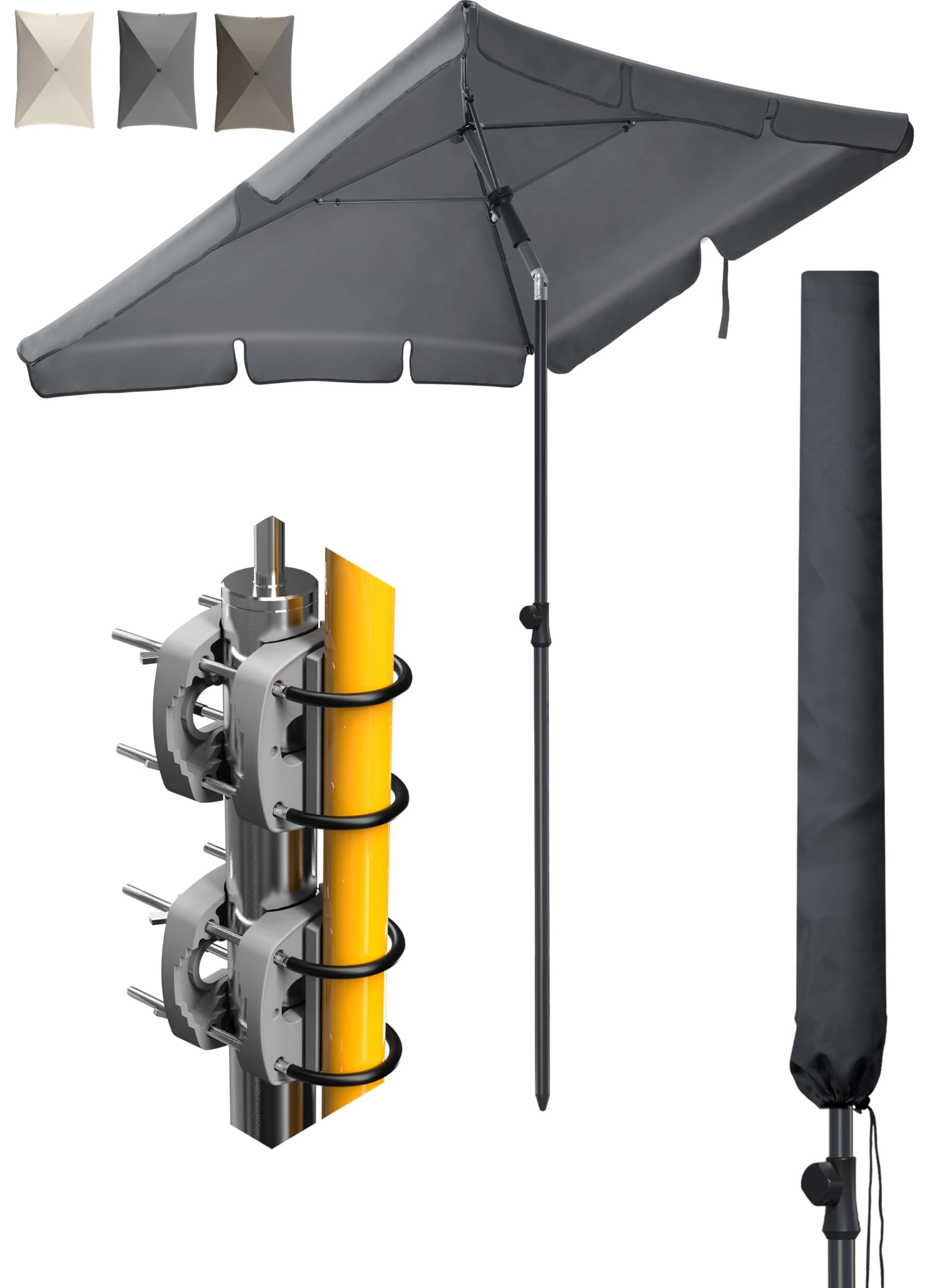 Menz Sonnenschirm Balkon 4-teiliges Komplettset, UPF 50+ Sonnenschirm rechteckig 200 x 125 cm + 2 Stück Sonnenschirmhalter Balkongeländer + Sonnenschirmhülle, Sonnenschutz Balkon