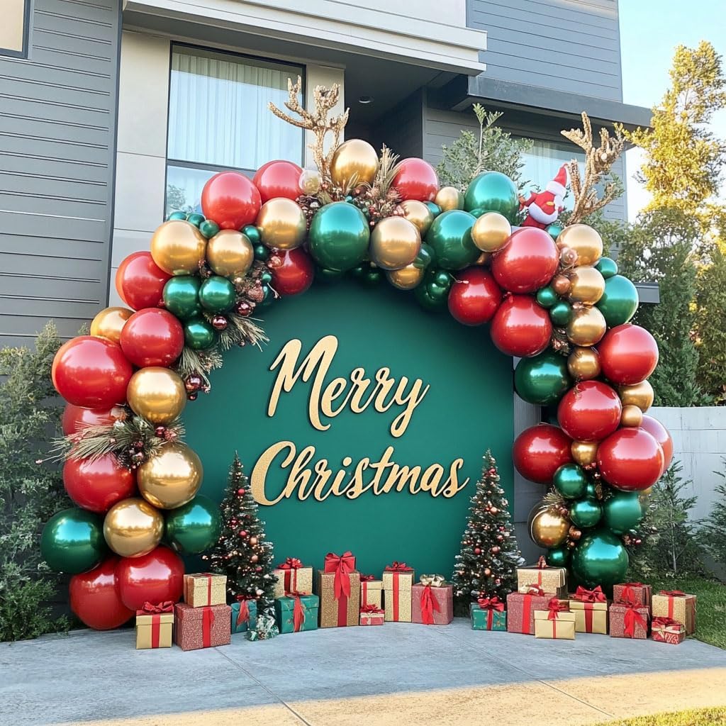 Emerald Green Red and Gold Balloon Garland Double Stuffed Ruby Red Gold Balloons Arch Kit With Red Mylar Balloon for Christmas Wedding Anniversary New Year Birthday Party Decoration