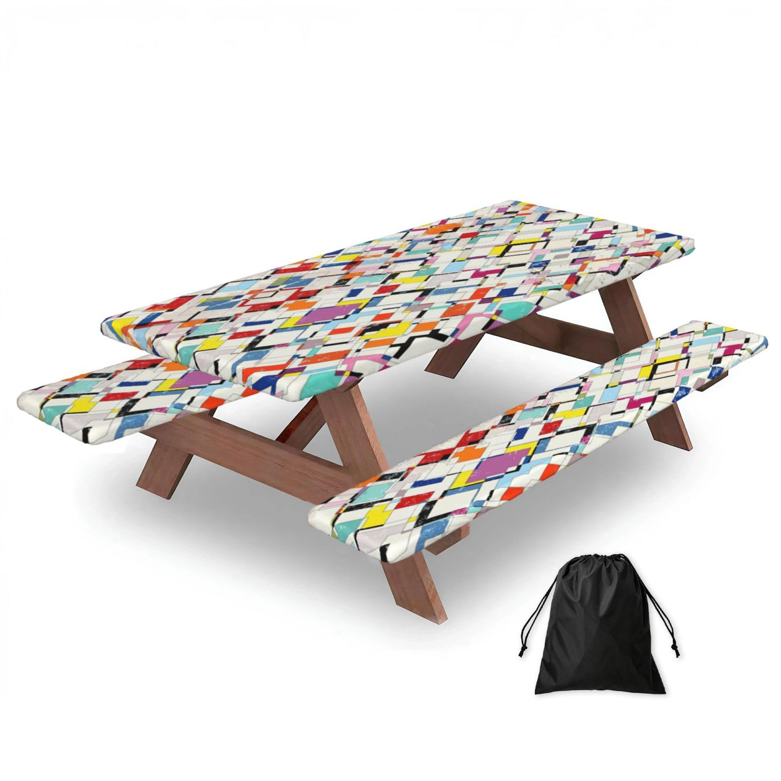 Zyjhyy Black Colored Plaid Wallpaper Print Party Table Covers With Bench Covers Set Of 3 Picnic Table Cloth Wipe Clean For Garden Camping