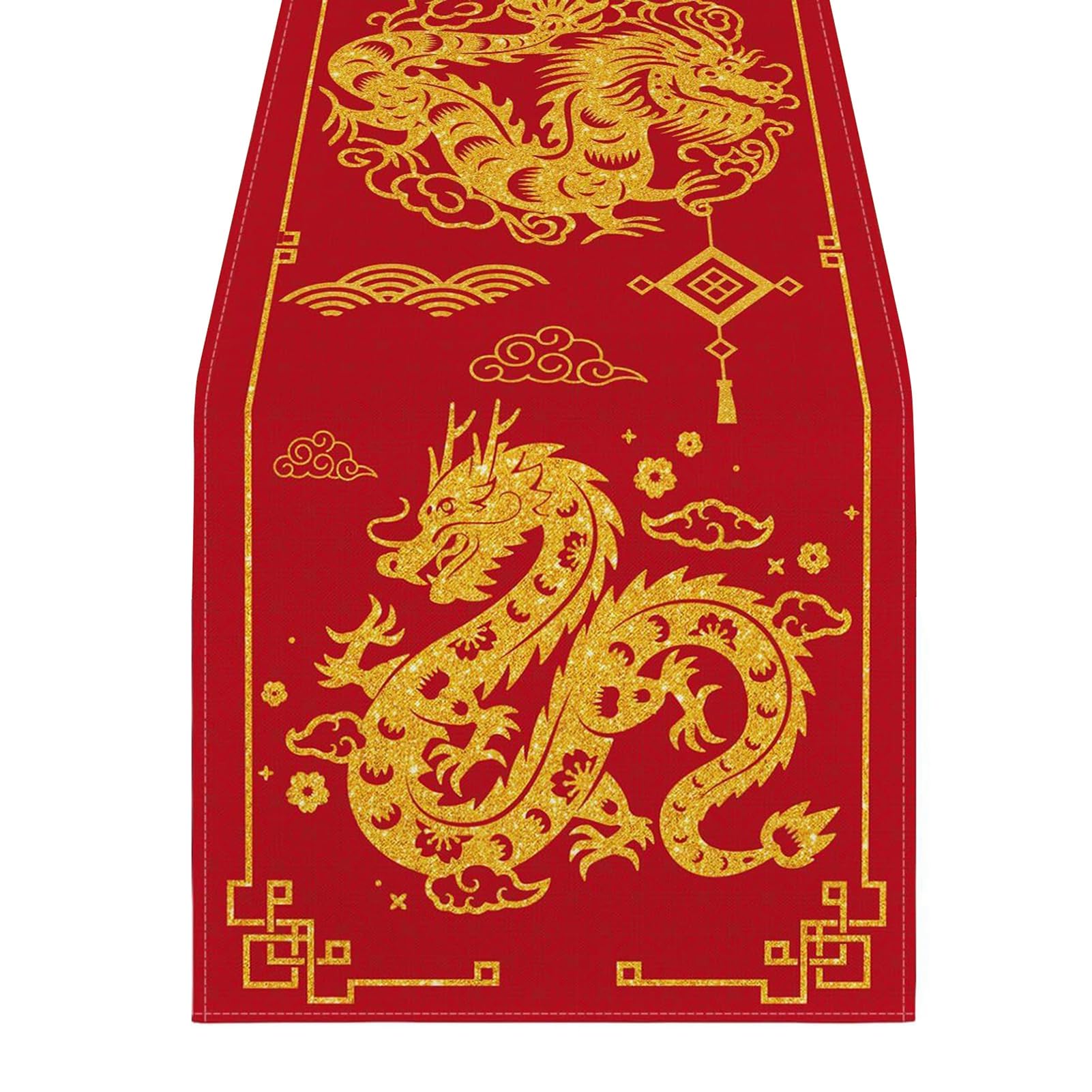 Wilitto Dragon Motif Table Runner Traditional Chinese Flag Lunar New Year Print Thick Foldable Fabric Firm Stitching Sequin Detailing Happy Decoration Red