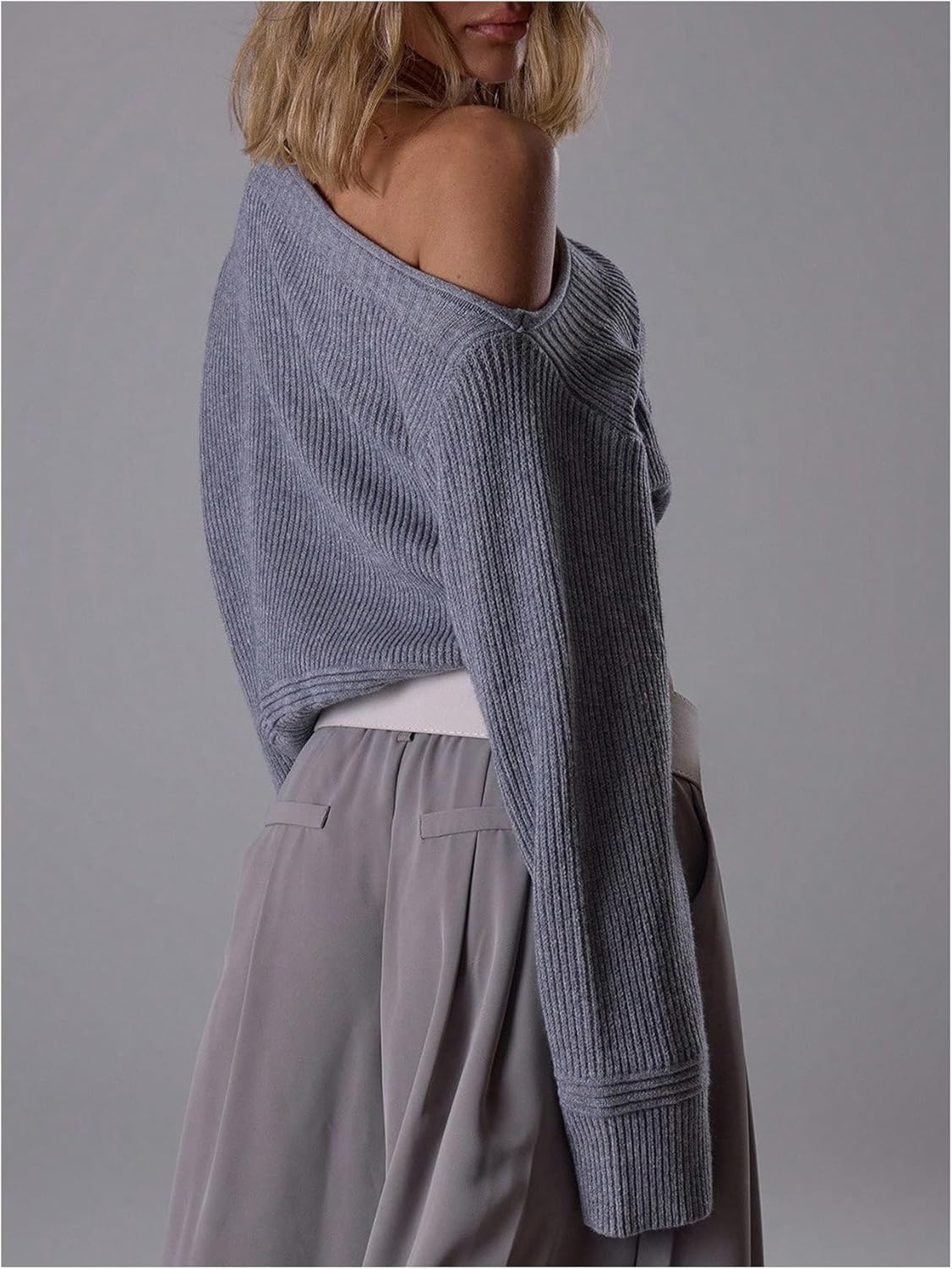 SOLY HUX Women's Off The Shoulder Cropped Sweater Ruched Asymmetrical Long Sleeve Knit Going Out Tops - Image 2