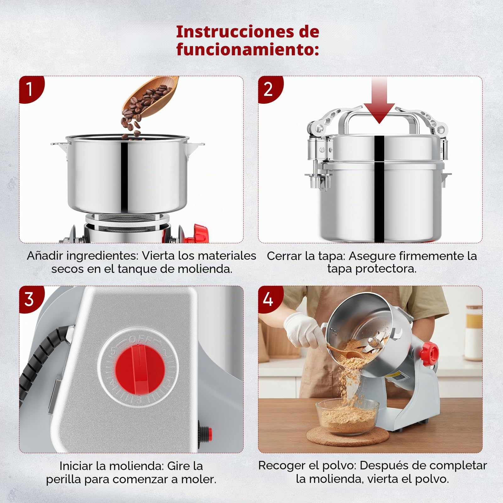 Molinillo de cereales portátil de 220 V, agitación para moler, polvo de harina de alta velocidad, para hierbas, especias, nueces, cereales con protección contra sobrecarga (500 g)