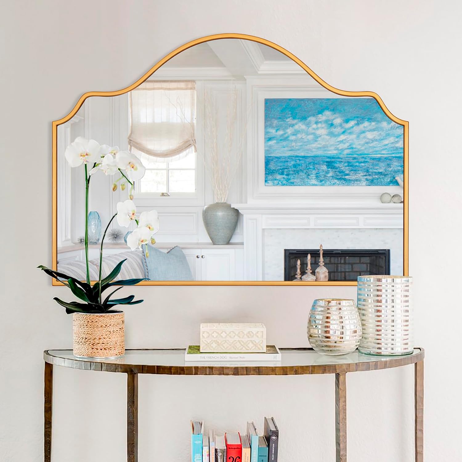 Chende Large Gold Mirror with Arched Top, 47" x 32" Modern Living Mirror for Wall, Modern Decorative Mirror with Wooden Frame for Entryway, Fireplace, Dining Room Gold 32"L x 47"W