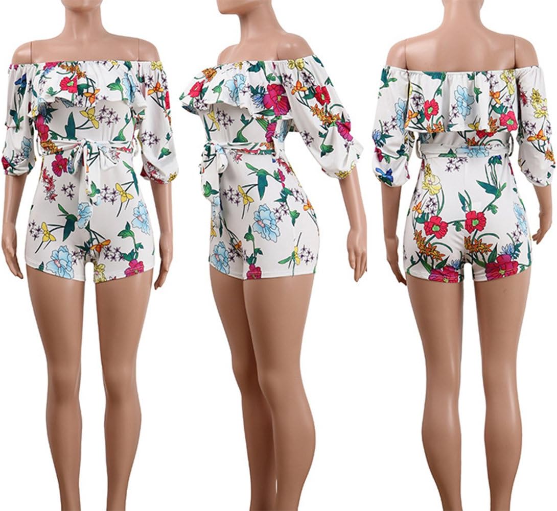 Women Sexy One Piece Romper Outfits Pull Sleeve Floral Print Off Shoulder Short Jumpsuit Pants Set - Image 3