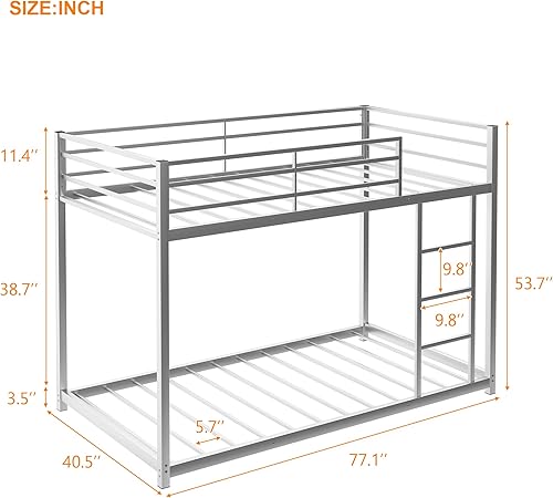 Miniatura 2 de P PURLOVE Litera de metal de tamaño individual para niños, literas de piso bajo individual sobre individual, litera para jóvenes con escalera y