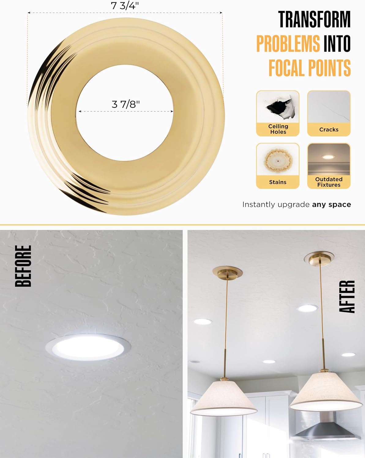 The Can Converter R56 Recessed Can Light Conversion Kit w/ 7"¾ Beveled Ceiling Medallion - Home Improvement for 5" & 6" Cans, Ceiling Fan & Light Fixture Converter Kit, UL Certified, Polished Brass