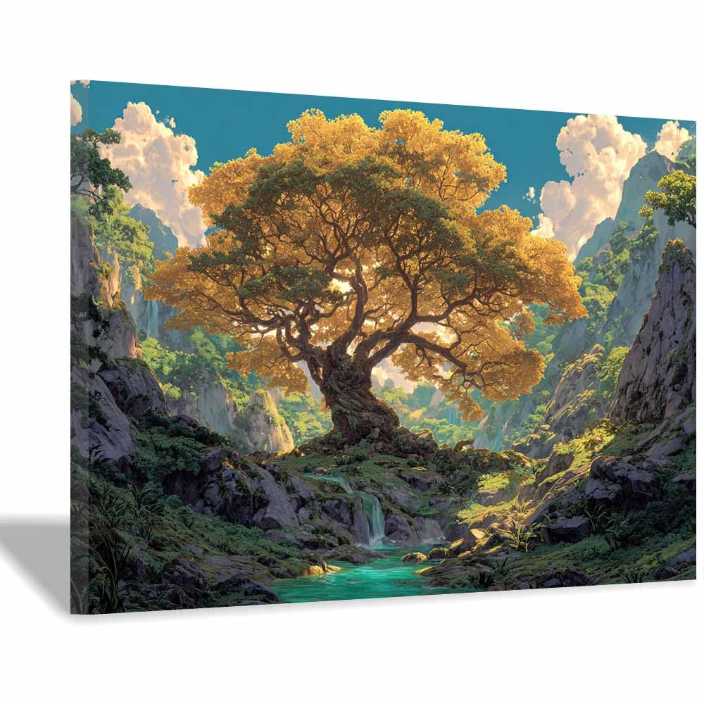 ZAMAEIU Tree of Life Painting Abstract Cliff-perching Tree Panoramic Canvas Prints Pictures for Living Room Bedroom Home Office Wall Decoration(yellow)-70x100cm Framed