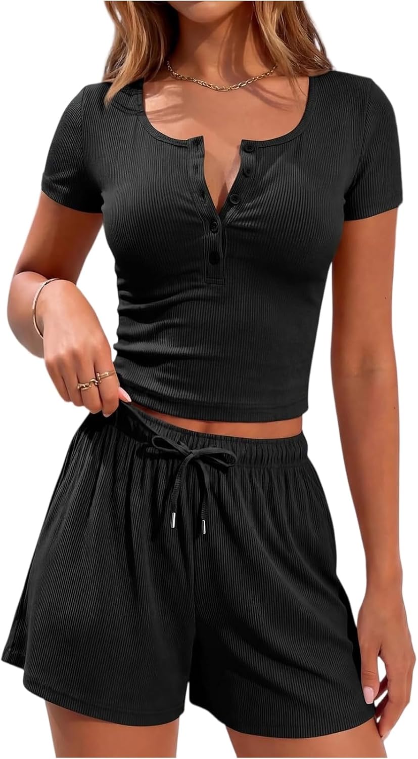 Shorts Sets Women 2 Piece Outfits Ribbed Henley Tops Casual Summer Shorts Matching Lounge Sets Beach Vacation Outfits