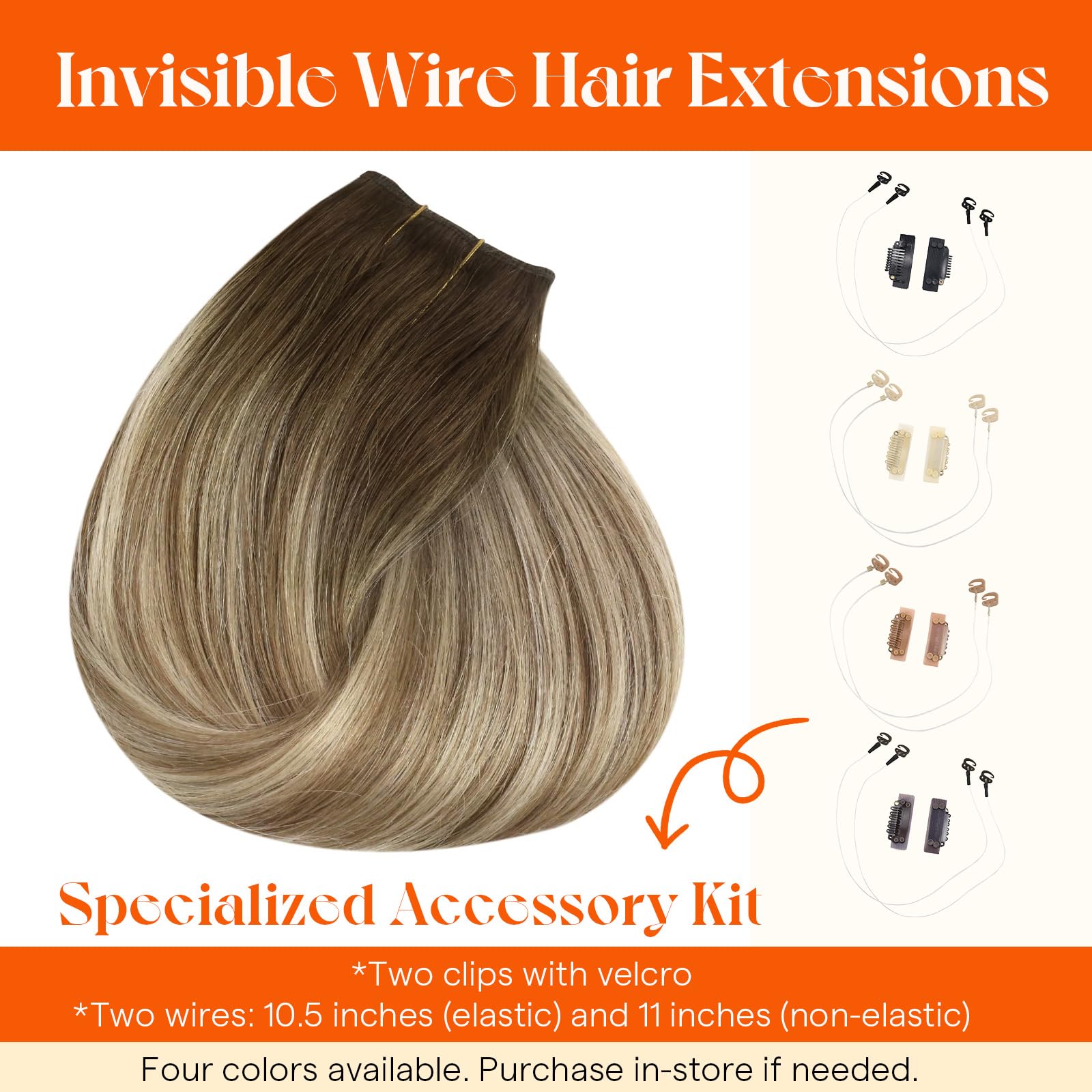 Sunny Hair Wire Hair Extensions for Women 16inch Straight Fish Line Human Hair Extensions Invisible Wire Extensions Easy to Apply Cool Brown Ombre Light Brown Balayage Blonde 85g — view 5