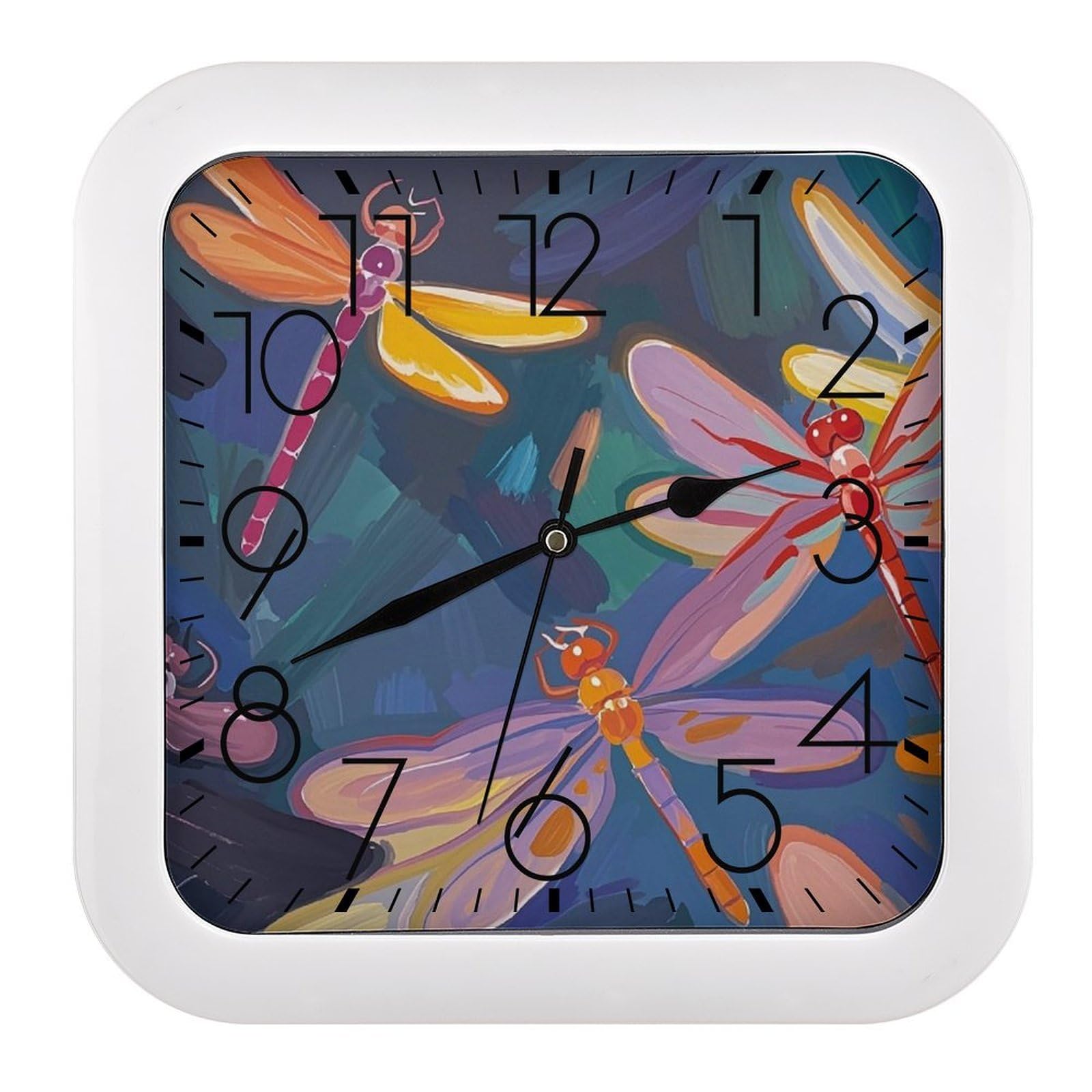 FekiLoot Hand Painted Dragonfly Wall Clock Battery Operated Square Decorative Wall Clocks Silent Non Ticking Analog Clock Modern Retro Vintage Wall Clocks for Kitchen Living Room Office 10.2 Inch