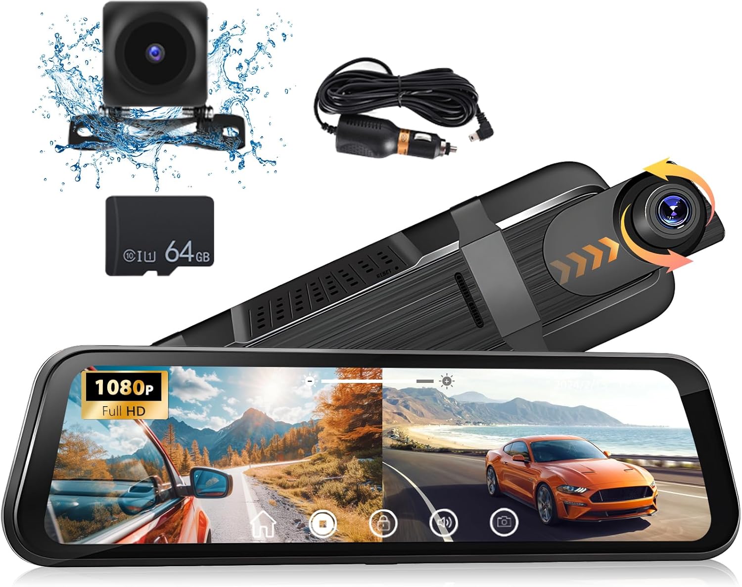 2025 9.66" 1080P Rear View Mirror Camera Front and Rear Dash Cam for Cars & Trucks - G-Sensor, Reverse Assist, GPS Tracking, WDR & HDR Night Vision, 64GB Card