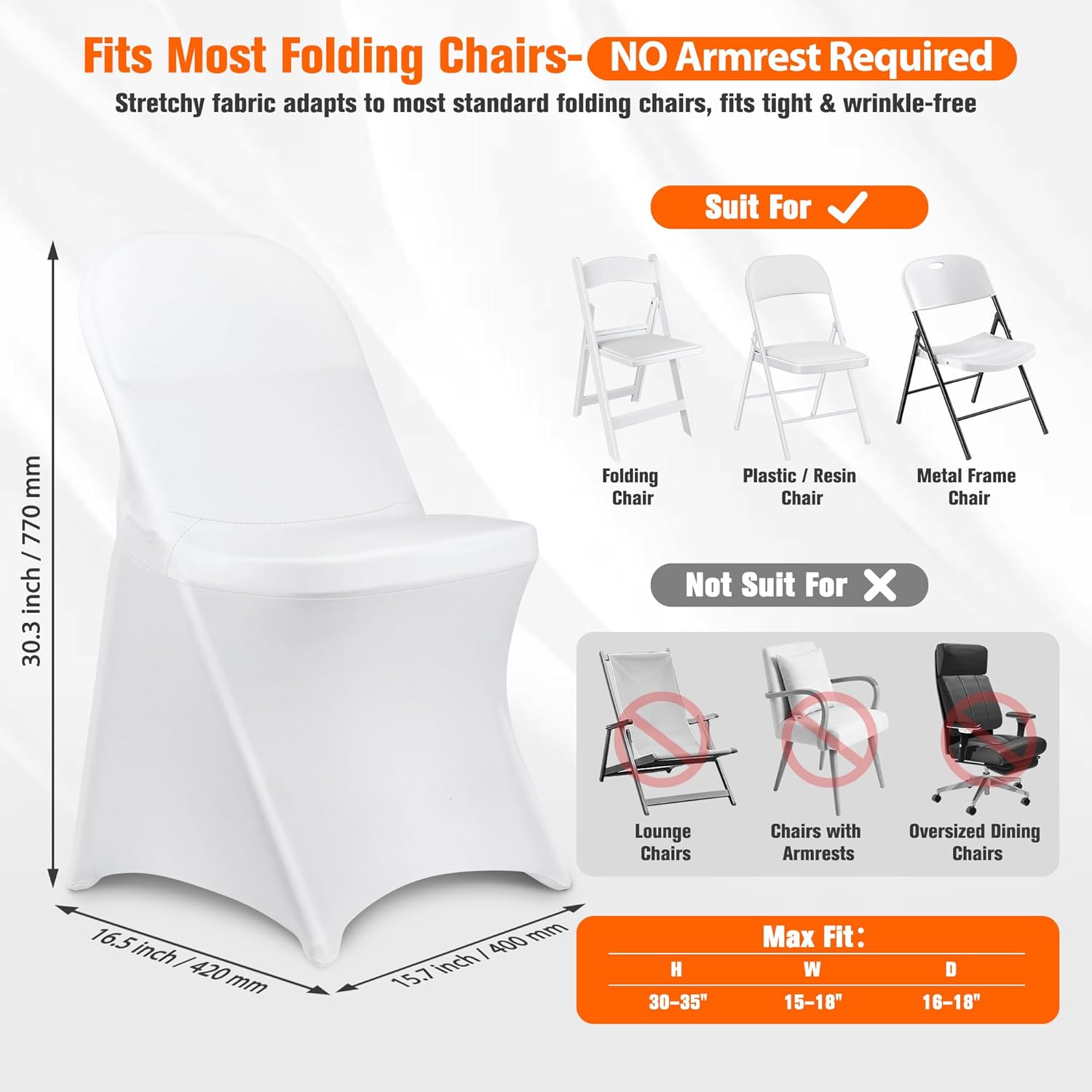 100 PCS White Chair Covers for Party - Stretch Spandex Folding Chair Slipcovers, Universal Fit for Wedding Banquet Events, Washable Reusable for Metal Plastic Chairs