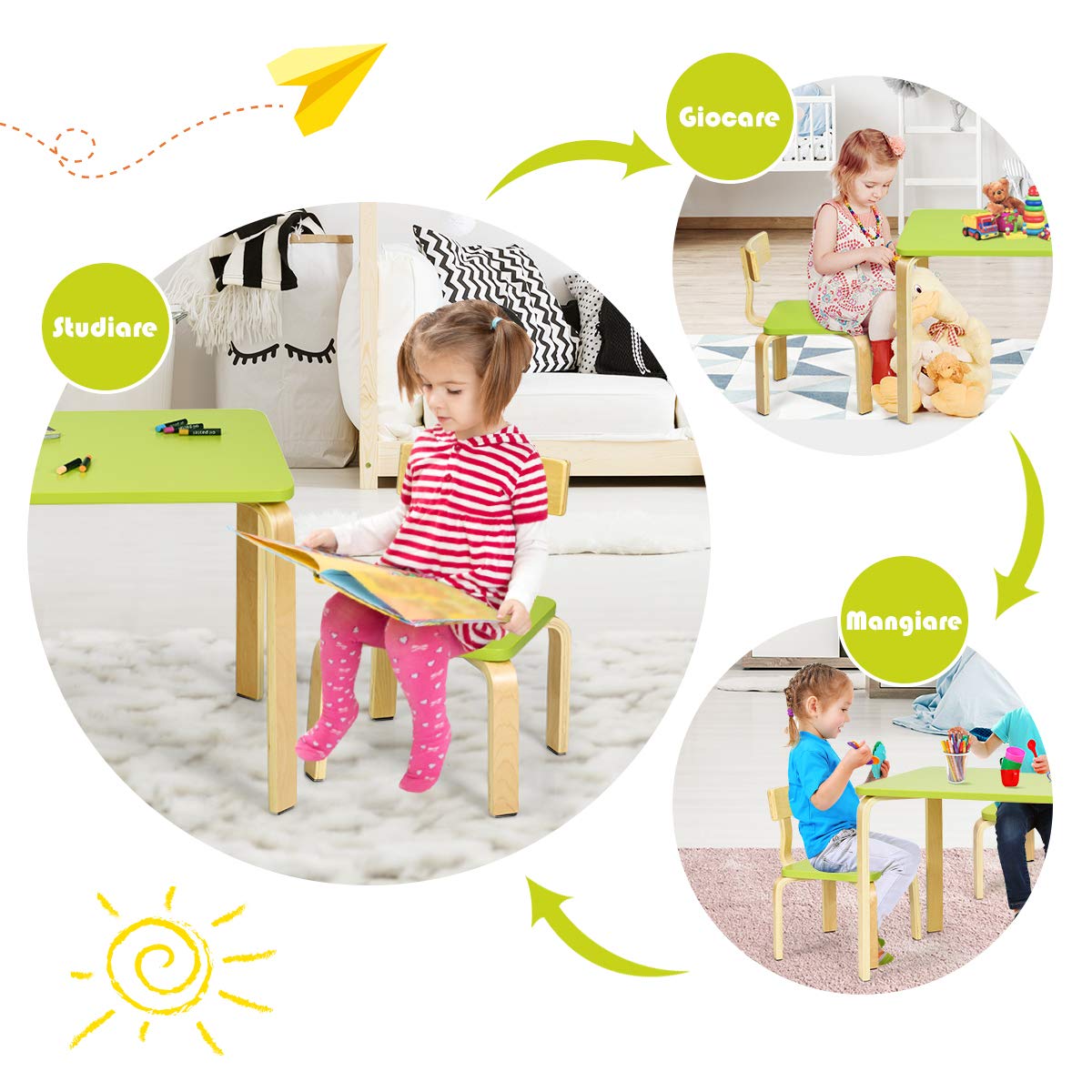 RELAX4LIFE Set Tavolo e 2 Sedie Bambini 3-12 Anni Legno Stabile Sicuro Design Ergonomico Multifunzione Giocare Mangiare Casa Asilo Verde