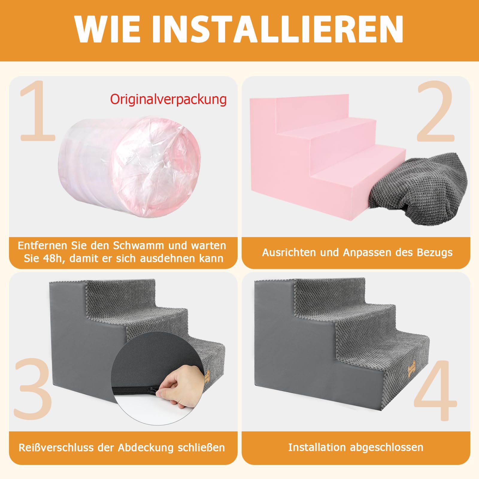 Nepfaivy Hundetreppe für Kleine Hunde 3-Stufig, Hundetreppe Hunderampe für Bett und Sofa aus Hochdichtem Schwamm, Haustiertreppe mit Abnehmbarem, Waschbarem Bezug und Rutschfestem Boden, 45x40x34cm