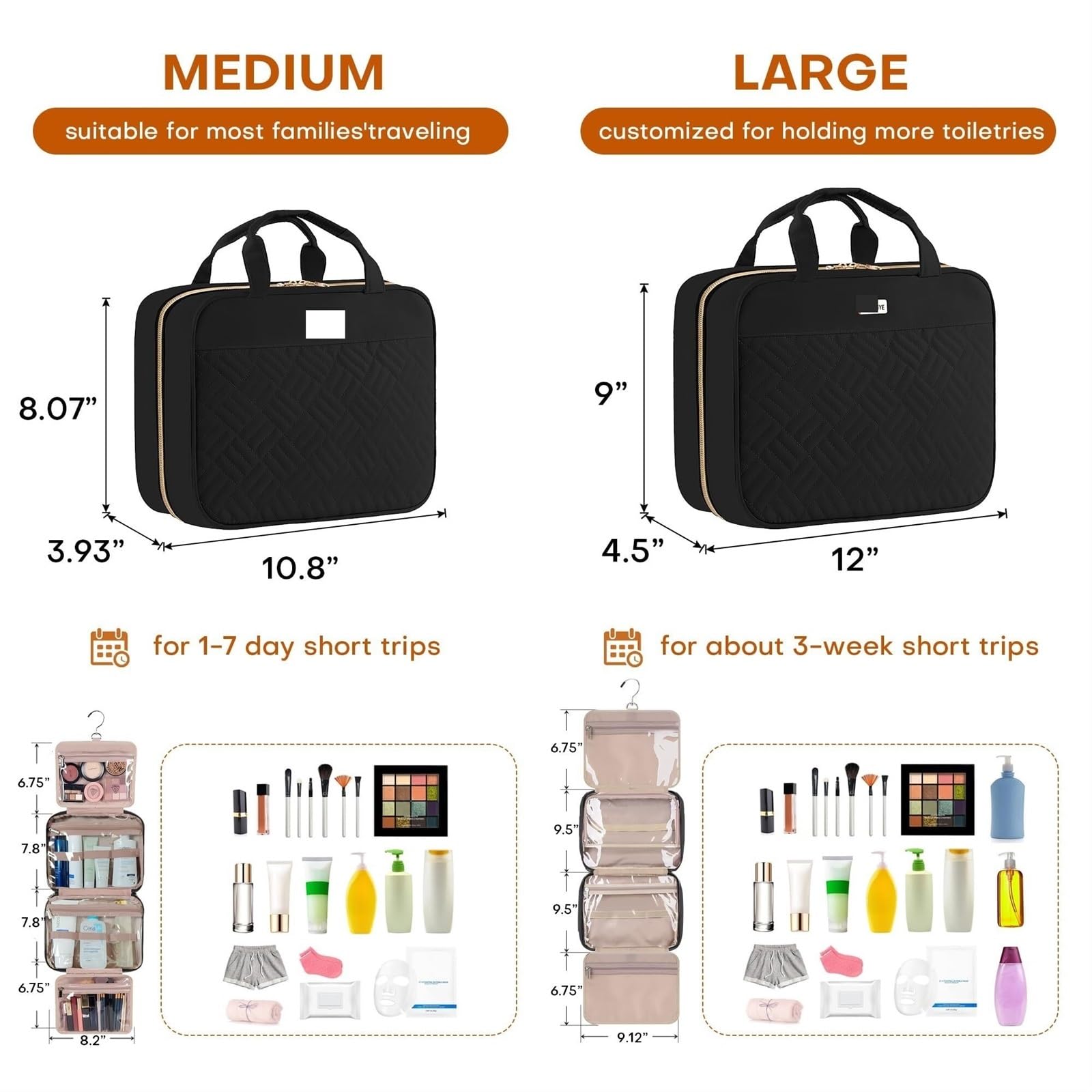 Kosmetiktasche Damen Große Damen-Kosmetiktasche Mit Haken, Tragbare Reise-Kosmetik-Aufbewahrungstasche Kulturbeutel(Black)