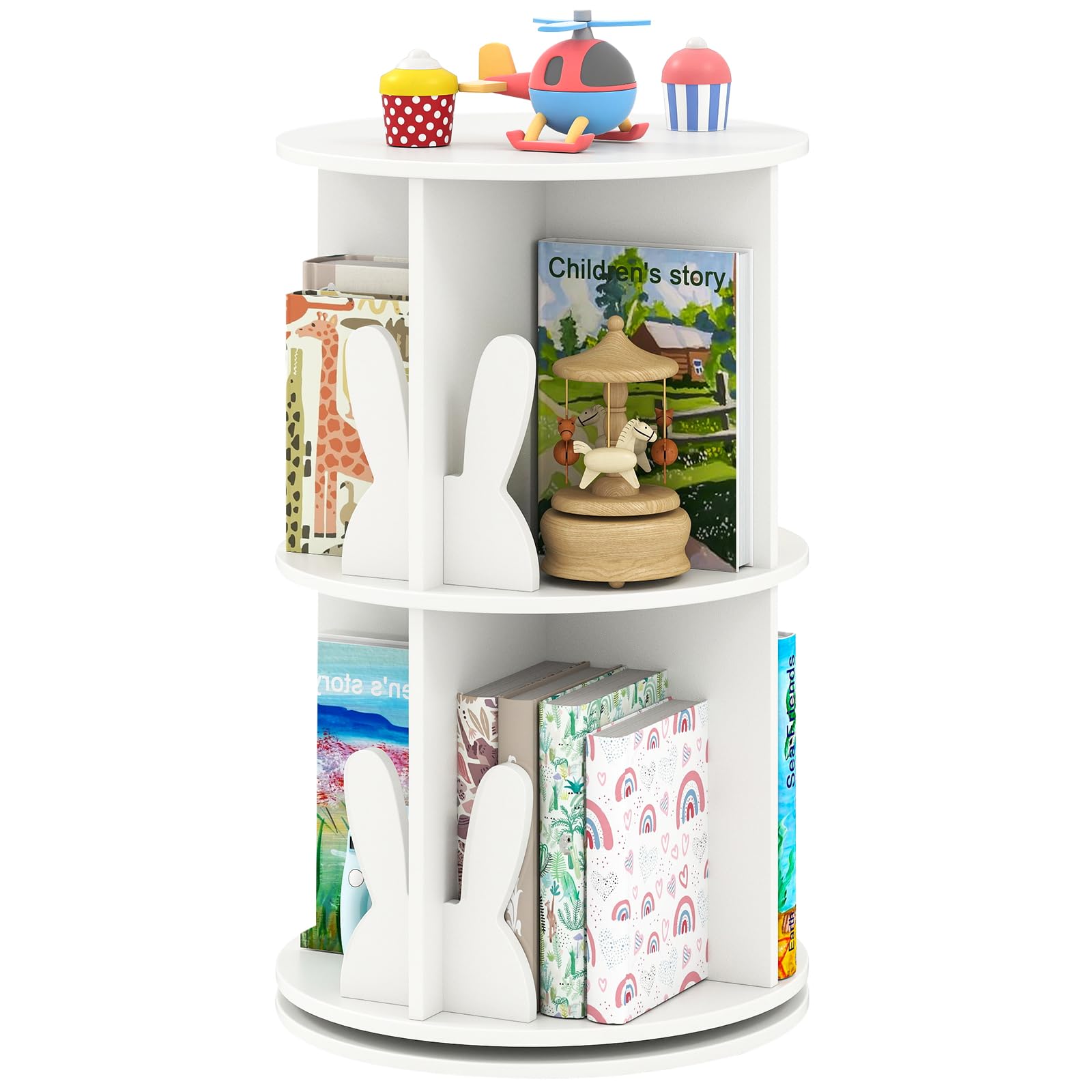 COSTWAY Bibliothèque Enfant Rotative à 360°à 2 Niveaux avec 8 Compartiments Ouverts, Étagère à Livres avec Cloisons en Forme Lapin, Patins Antidérapants pour Chambre d'enfant Salon (Blanc)