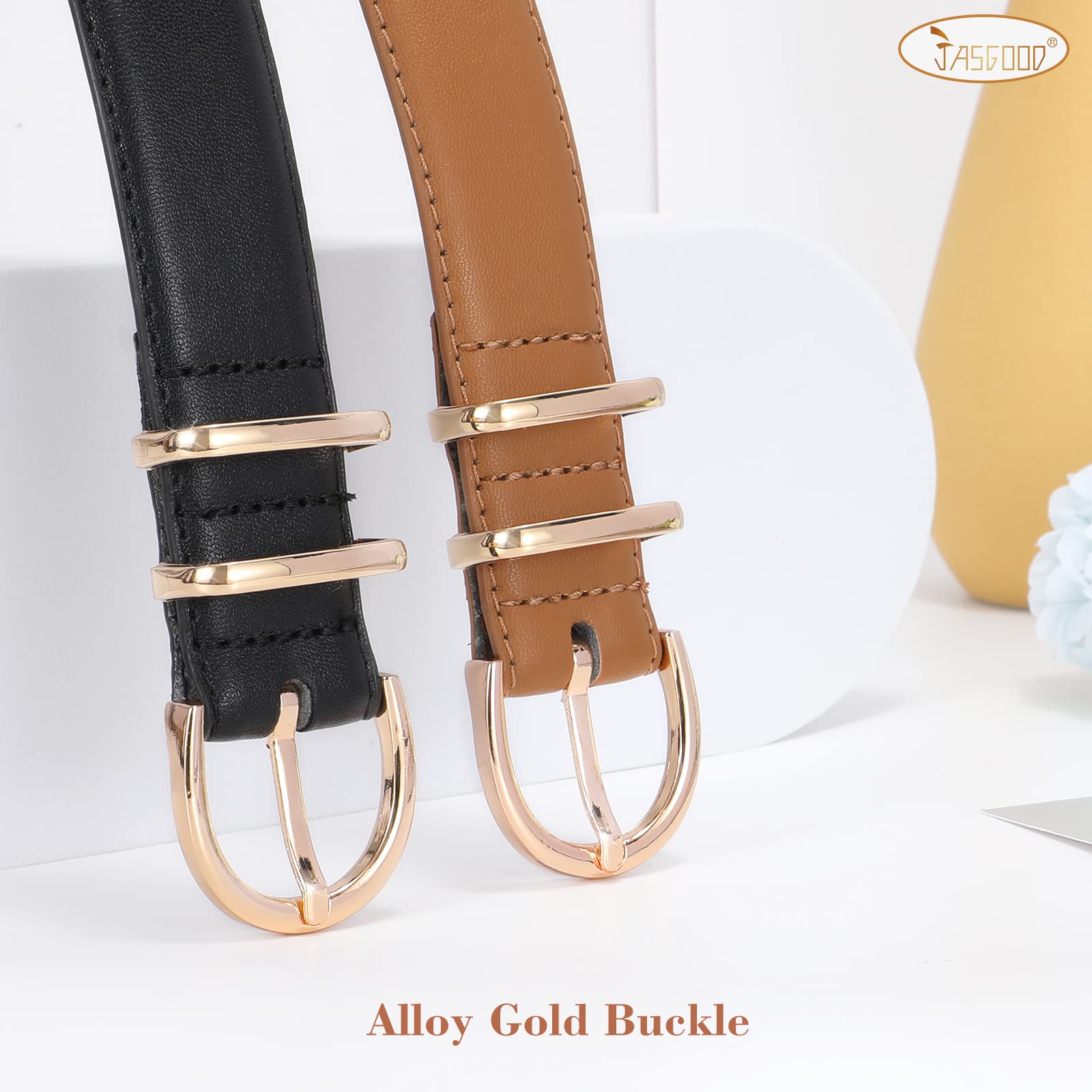 JASGOOD 2 Pack Women Leather Belt for Jeans Ladies Belts for Dresses Pants Plus Size Work Belt with Gold Buckle