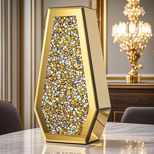 SHYFOY Gold Crushed Diamond Crystal Flower Vase, 14" Tall, Can’t Hold Water | Large Crystal Tall Vases for Centerpieces, Luxurious Rhinestone Glass Vases for Living Room Dining Room Coffee Table