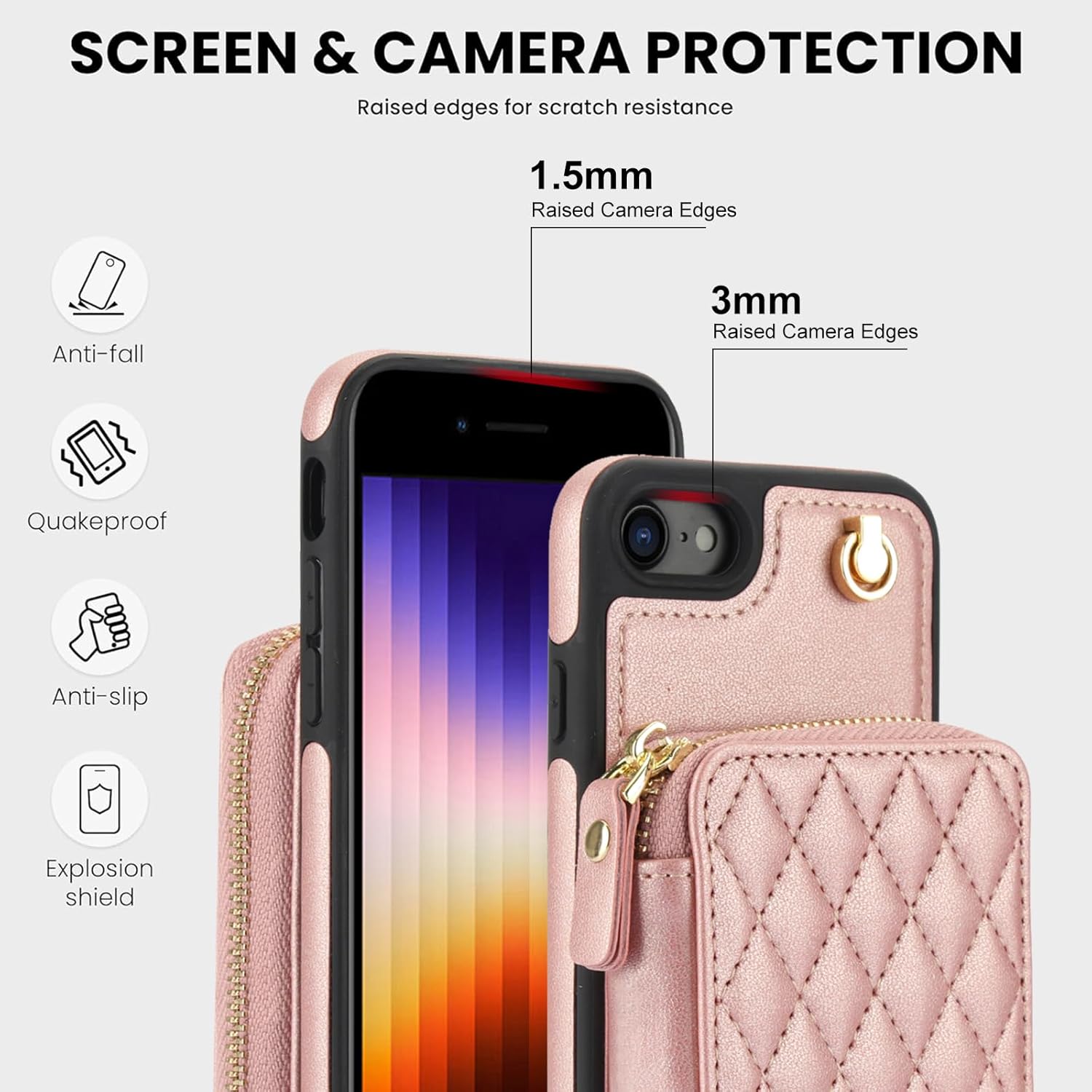 Wefor Compatible with iPhone SE Case 2022/3rd/2020,iPhone 8/7 Case Wallet Case Crossbody for Women, Zipper Phone Case with RFID Blocking Card Holder Wrist Strap Purse (Rose Gold)