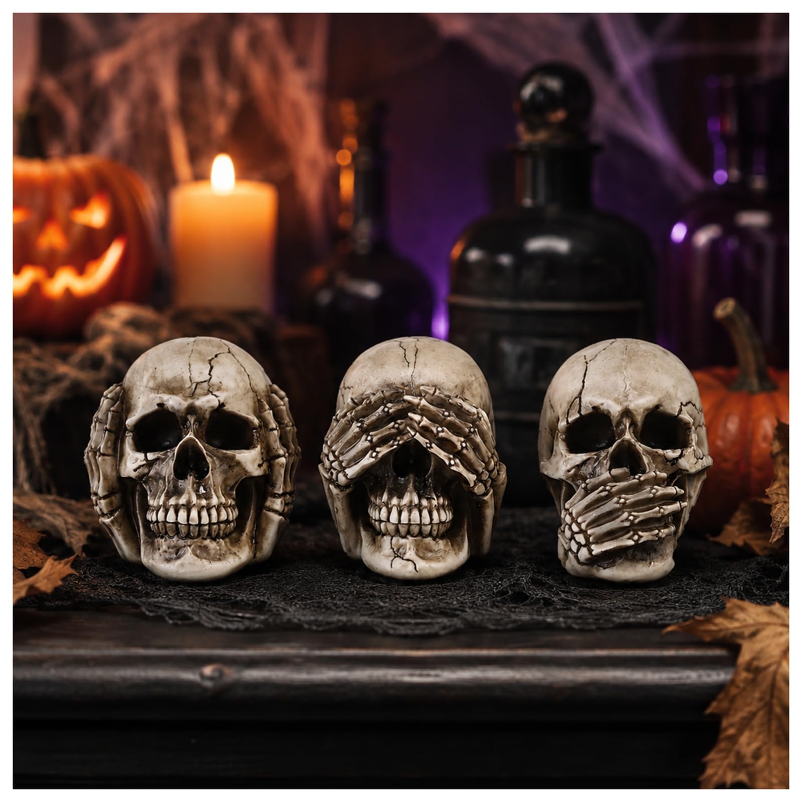 Mantaoilfe Set of 3 Three Wise Skull Figurines, See Hear Speak No Evil
