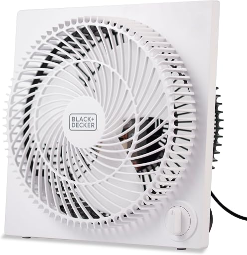 BLACK+DECKER 9-Inch Frameless Box Fan, 3-Speed Settings, BFB09W, White | Desk Fan with 3-Speed Settings, Quiet and Lightweight Portable for Home Office or Garage, Self-Standing Frameless Design