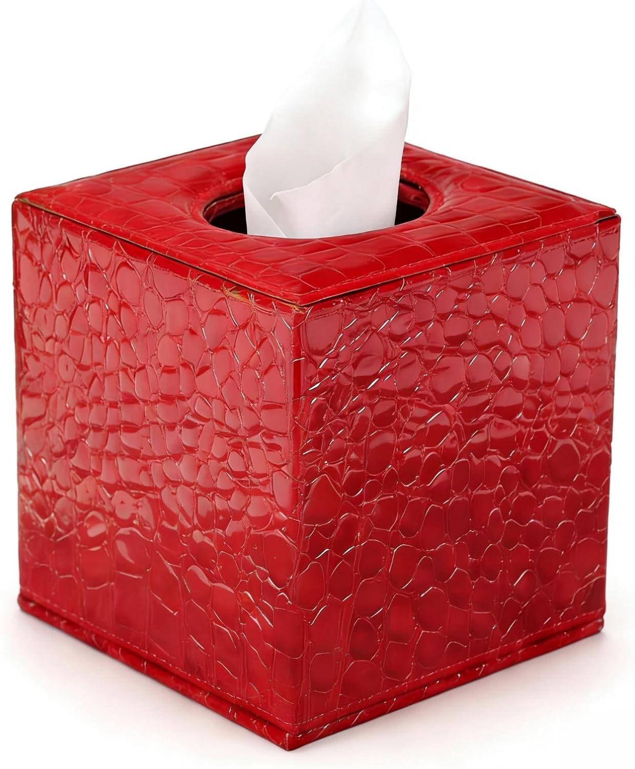 S Forever Home Decor Tissue Box Cover PU Leather Square Tissue Box Holders (Red Crocodile)