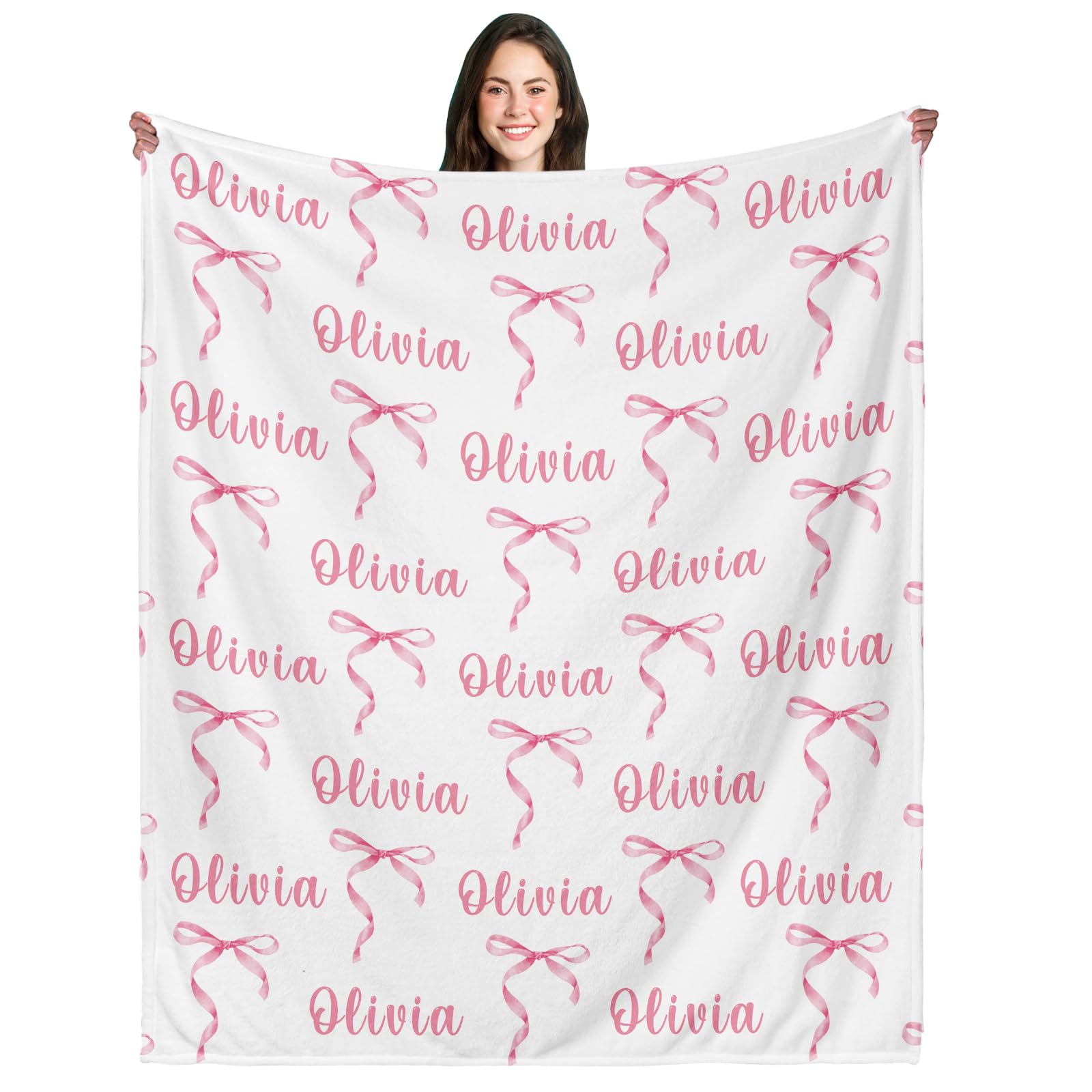 Pink Bow Blanket Coquette Custom Name Throw for Kids Baby Teens Girls Boys Personalized Blanket with Name Soft Flannel Easter Throw Cute Bow Stuff