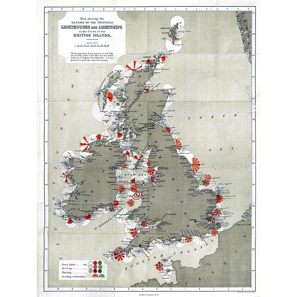 Wee Blue Coo Map Antique 1884 Price Lighthouses Lightships British Isles Art Print Poster Wall Decor 12X16 Inch