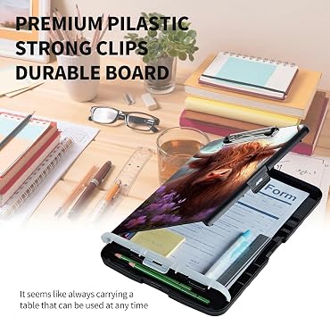Clipboard with Storage High Capacity Plastic Nursing Clipboards with Pen Holder File Folder Storage Box Clipboard with Heavy Duty Clips for Teacher,Doctor,Offices-Cow with Purple Flowers