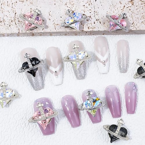 Miniatura 5 de RODAKY 12 dijes brillantes de planeta para arte de uñas, aleación de metal 3D, forma de corazón, arte de uñas, diamantes de imitación, joyería de