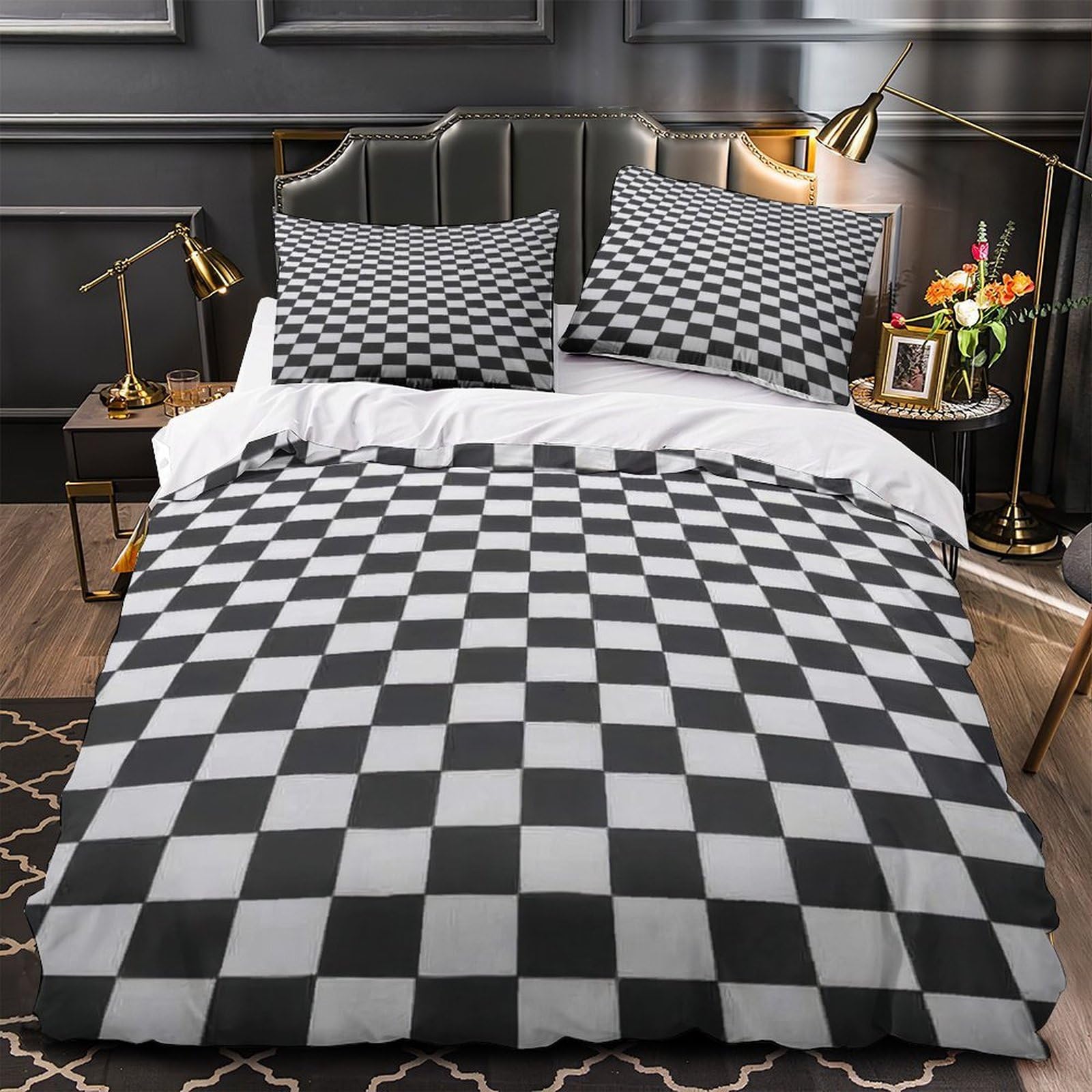 Parure de Lit Motif à Damier Imprimé 3D avec Housse de Couette Microfibre 200x200cm pour Ado