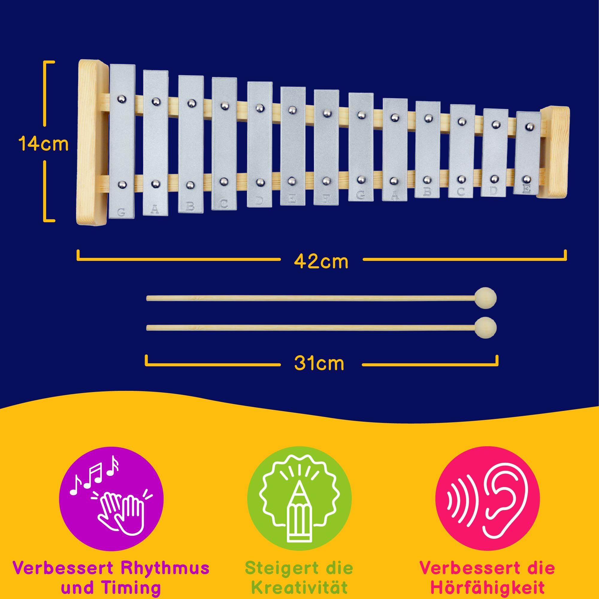 A-Star 13-Noten-Sopran-Glockenspiel-Xylophon mit silbernen Tasten und zwei Holzschlägeln – diatonisch, 2 Oktaven G5 bis E6