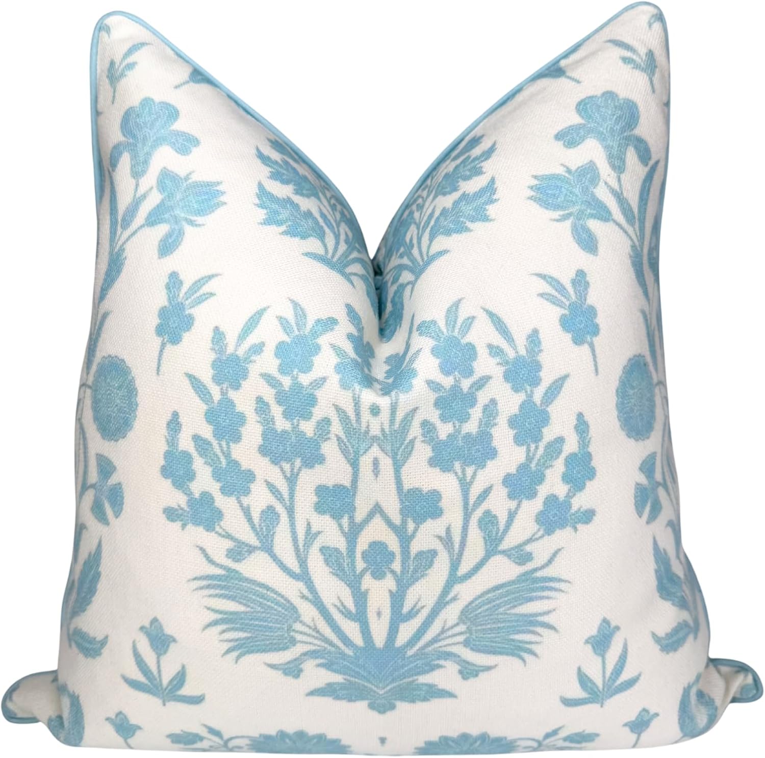 Jillien Harbor “The Charlotte” Bright Sky Blue Floral Block Print Pillow Cover – Off-White Decorative Throw Pillow Cover – Grandmillennial Home Decor, 20" x 20"