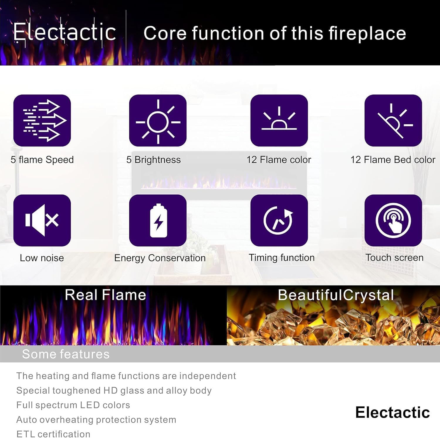 Icons representing core functions: 5 flame speeds, 5 brightness levels, 12 flame colors, 12 flame bed colors, low noise, energy conservation, timing function, and touch screen.