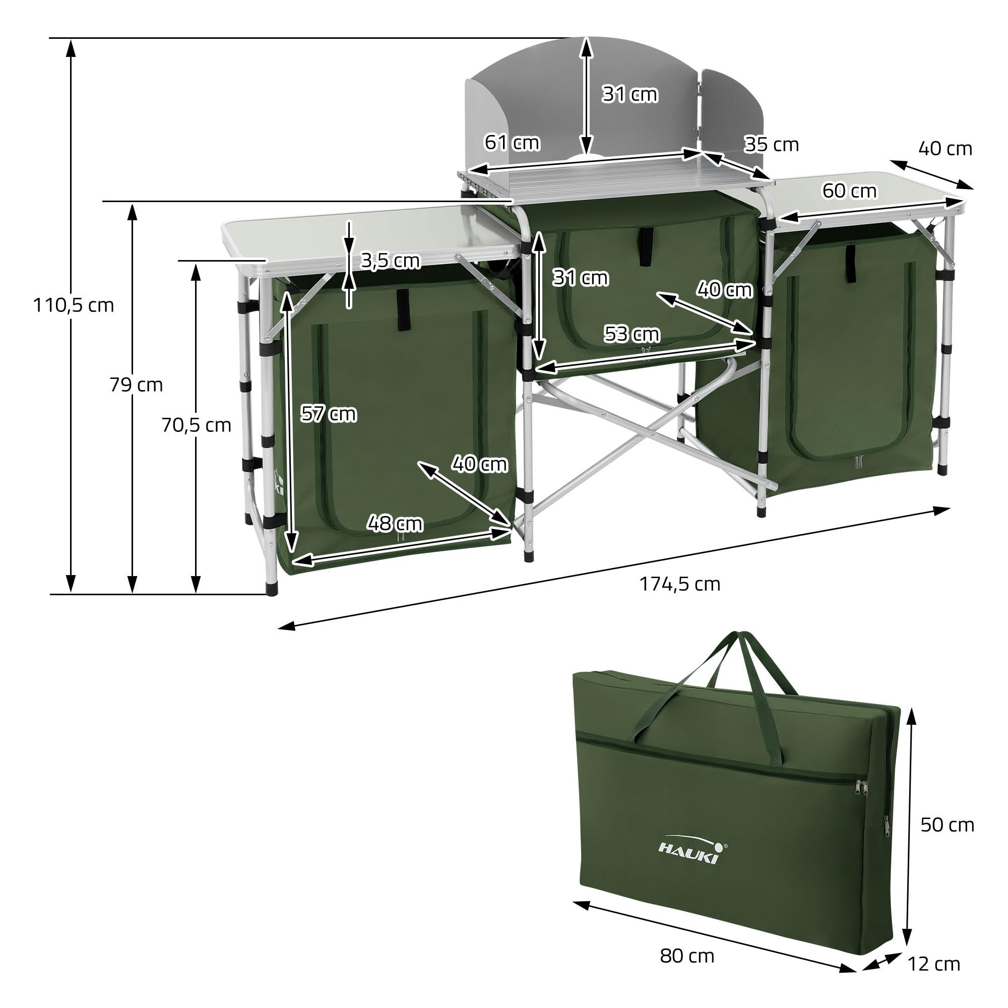 Hauki Cuisine de Camping Pliable, avec Sac de Transport, Meuble à Étagères de Rangement, Kaki, Aluminium/Tissu Oxford, avec Pare-Vent et Plan de Travail, Armoire de Tente Idéale pour Extérieur Voyage