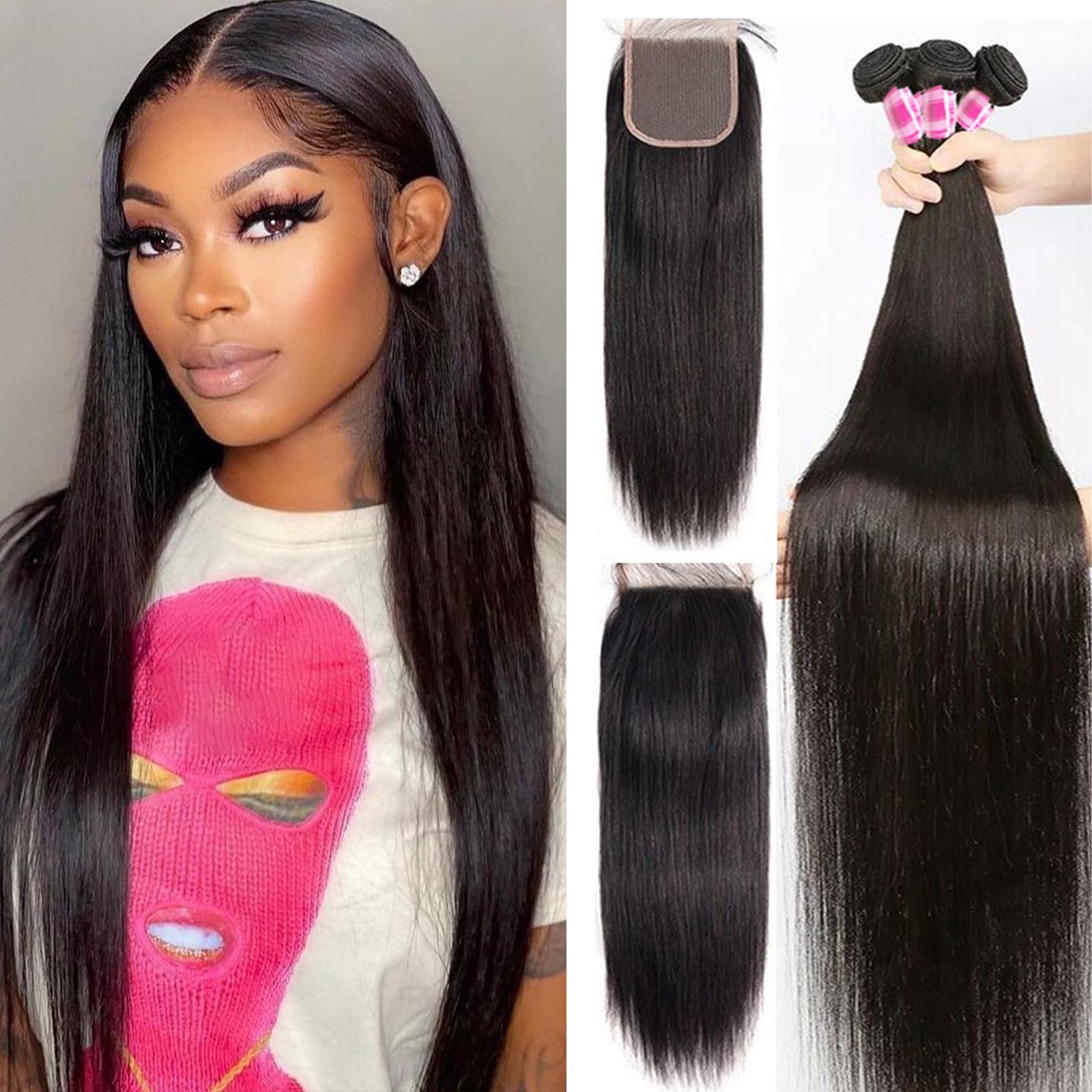 Straight Human Hair Bundles with Closure Raw Indian Hair 3 Bundles and Closure (20 22 24+18 Inch) 100% Unprocessed Virgin Human hair Natural Color for