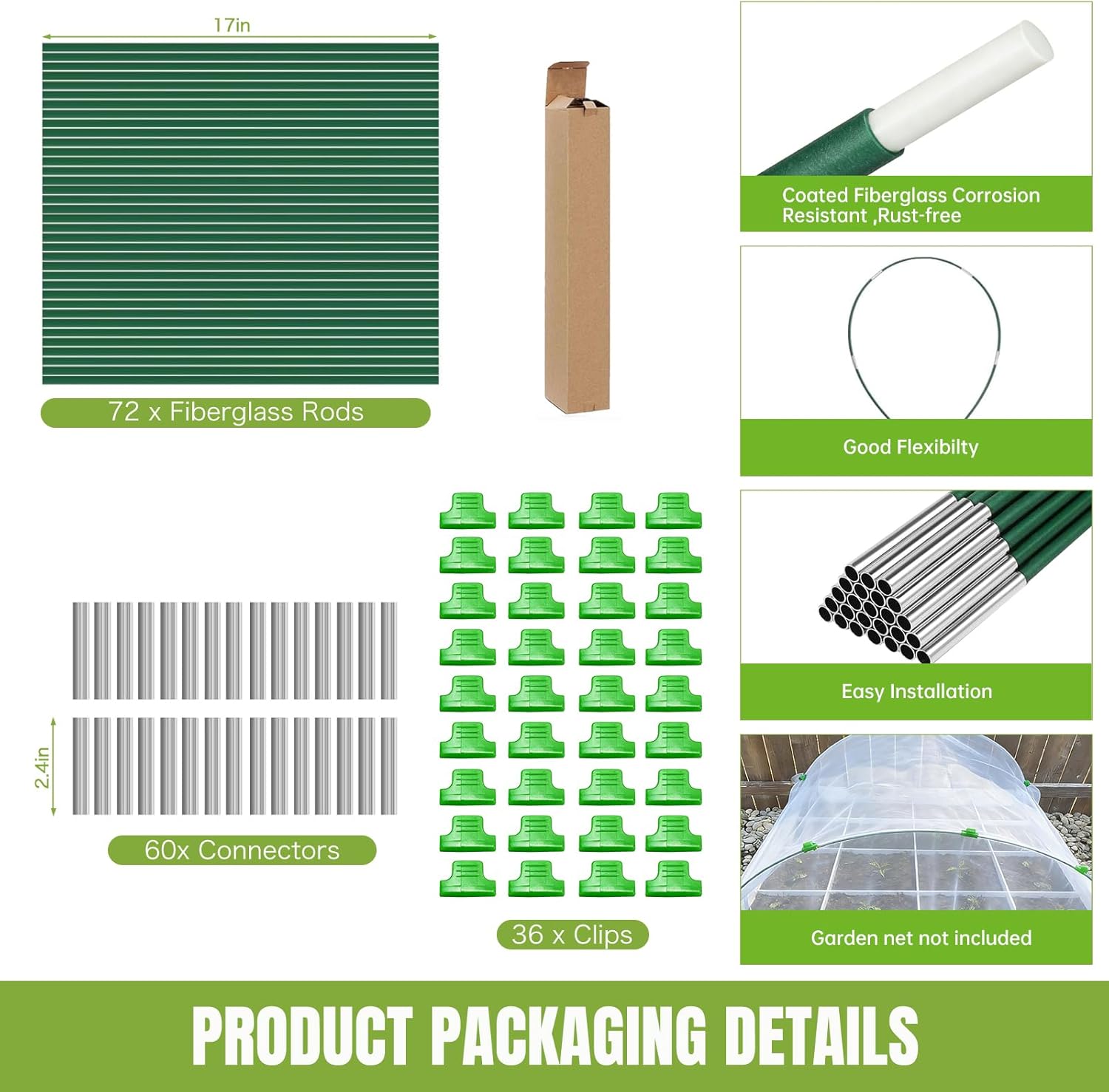 72 PCS Garden Hoops Greenhouse Hoops, Durable Plastic Coated Fiberglass Garden Tunnel for Raised Beds, DIY Plant Support Stakes for Garden Netting & Row Cover, Rust-Free Frames
