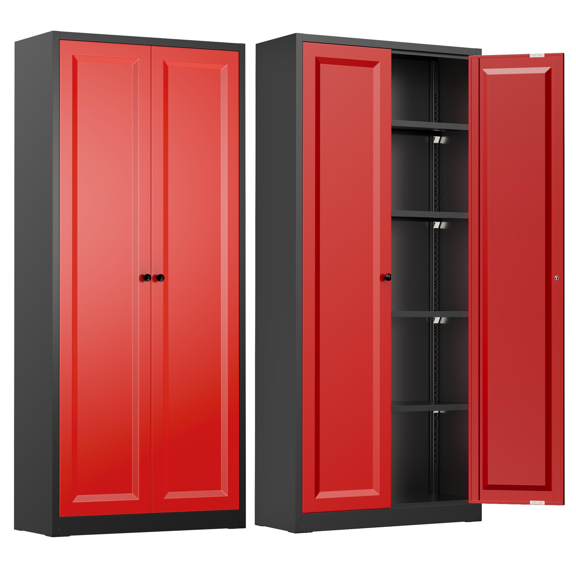 INTERGREAT Metal Storage Cabinet with Magnetic Doors, 63" H Traditional European Style Metal Cabinets with 2 Doors and 4 Adjustable Shelves for Home Office, Kitchen, Bathroom (Black Red)