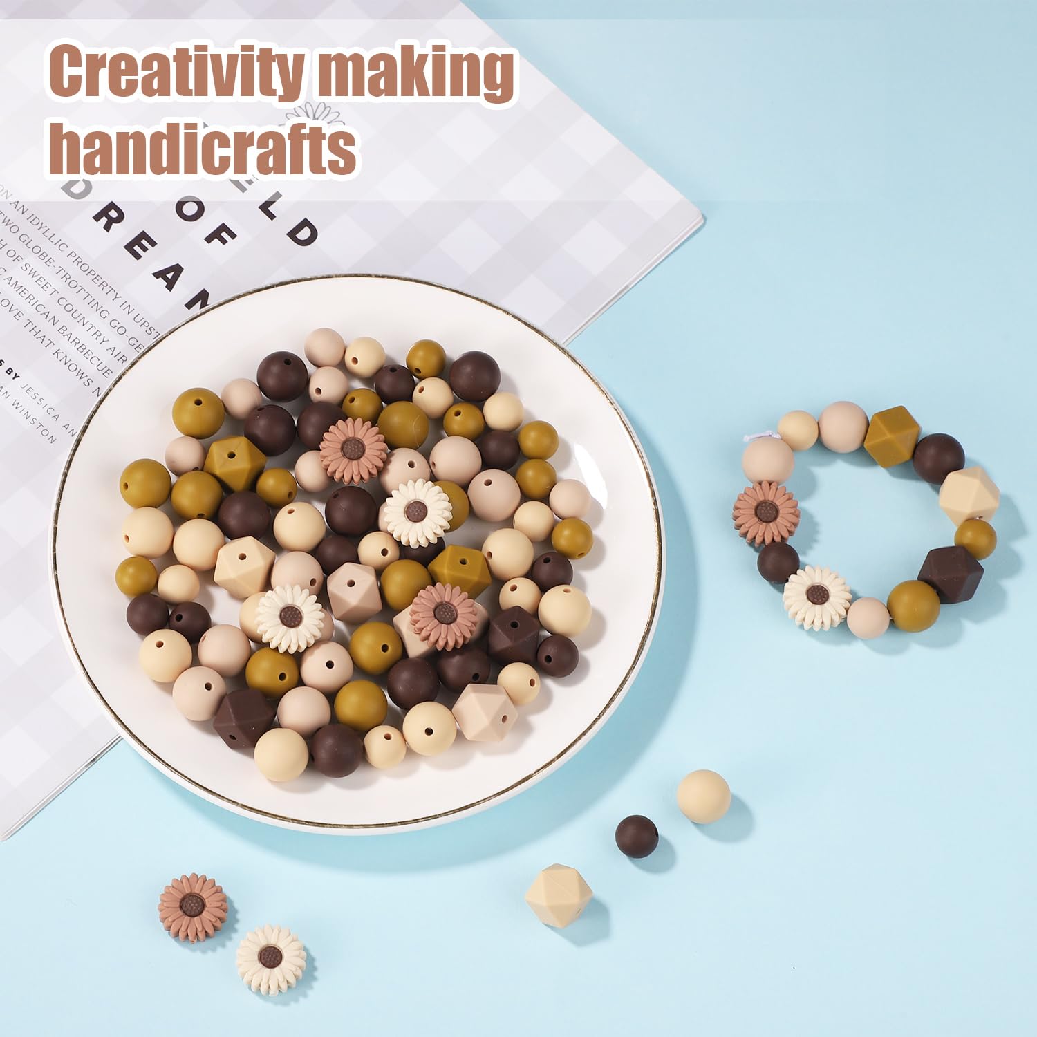 100 Pièces Perle Silicone Marguerite, Fleur De Marguerite Perles En Vrac Hexagonales Rondes Perles D'Espacement Avec Corde Élastique Pour Bricolage Artisanat Porte-Clés Bracelets Collier