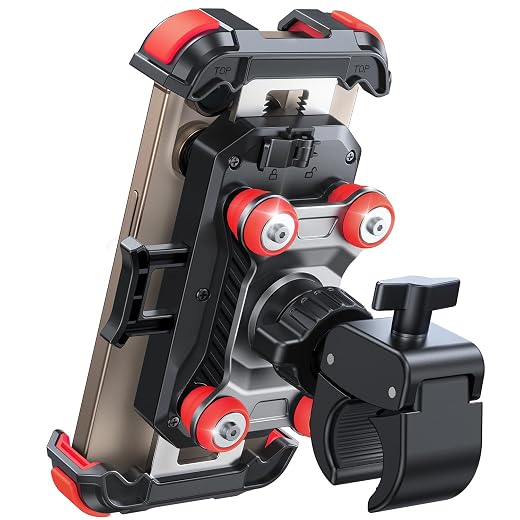JOYROOM Motorcycle Phone Mount Holder - [Dual Vibration Dampener] 150mph Anti-Shock Phone Holder for Motorcycle [Upgrade Metal Handlebar Clamp] - Bicycle Bike Phone Holder Mount for 4.7-7" Phones Red