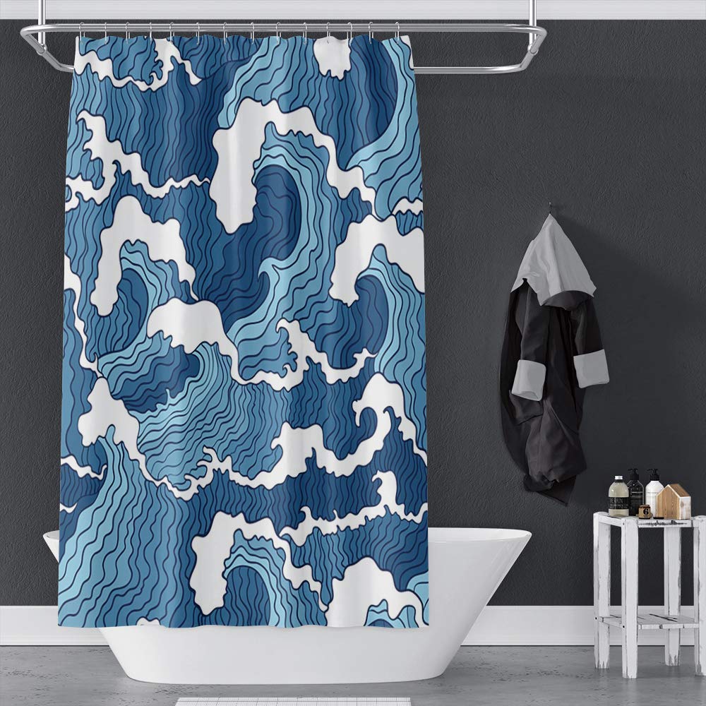 OERJU Japanese Shower Curtain Kanagawa Wave Nautical Comic Bath Curtain Blue Abstract Waterproof Polyester Fabric Bathroom Decor Set with Hooks