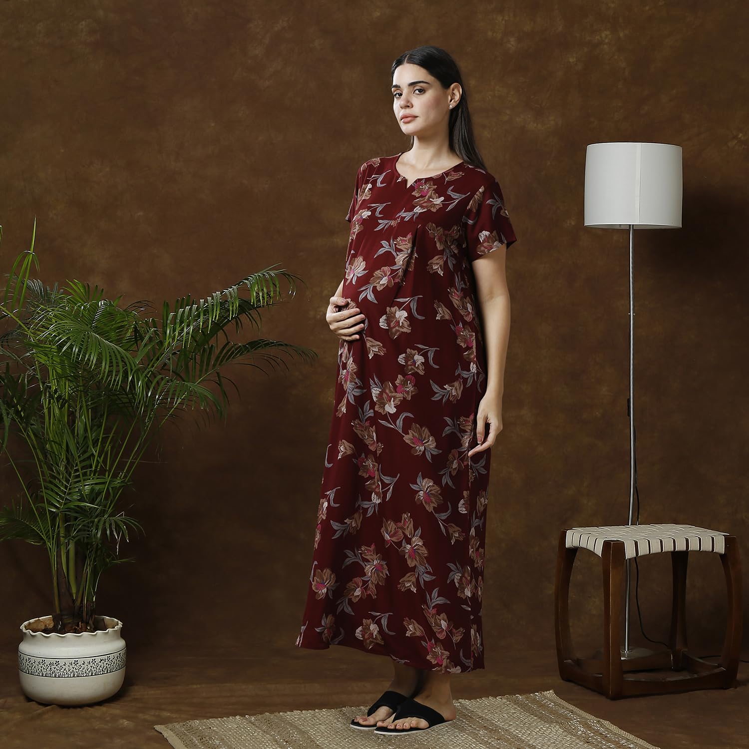 MomToBe Women's Cotton Maxi A-Line Nursing Nighty with Zippers for Nursing Pre and Post Pregnancy (Oak Maroon ; Free Size) - Image 2 thumbnail