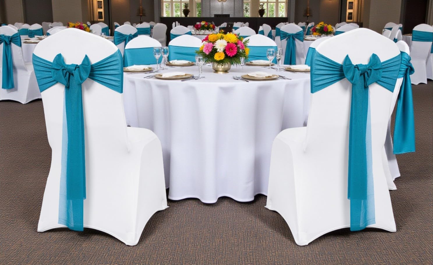 MDS Pack of 25 Chiffon Chair Sashes Bows for Wedding Events Supplies, Decorations for Birthday Parties, Graduations, Engagements, Chair Sashes fits Banquet Chair Cover Tie Back Band - Dark Teal